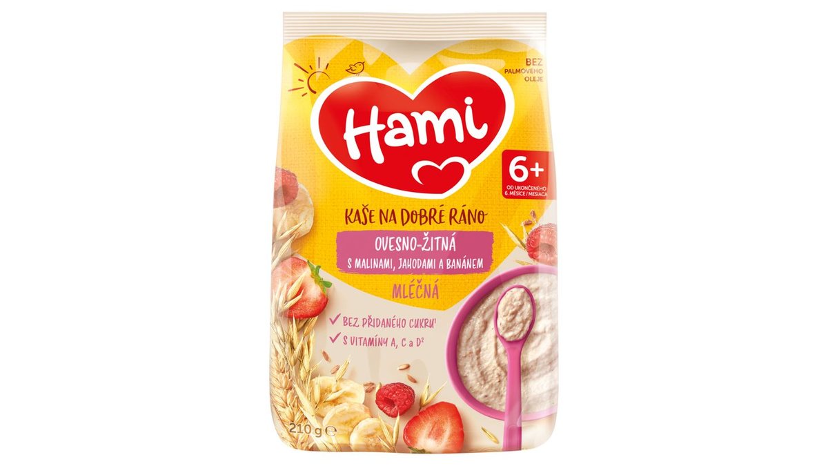 Hami Kaša na dobré ráno mliečna kaša ovseno-ražná s malinami, jahodami a banánom 210 g