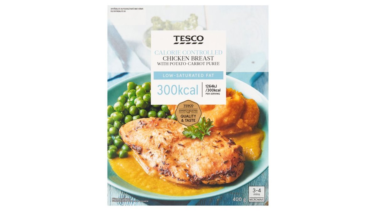 Tesco Pečená fileta z kuracích pŕs so zemiakovo-mrkvovým pyré, omáčkou a duseným hráškom 400 g