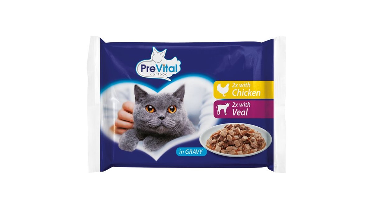 PreVital Kompletné krmivo pre dospelé mačky s kuracinou, teľacinou v omáčke 4 x 100 g