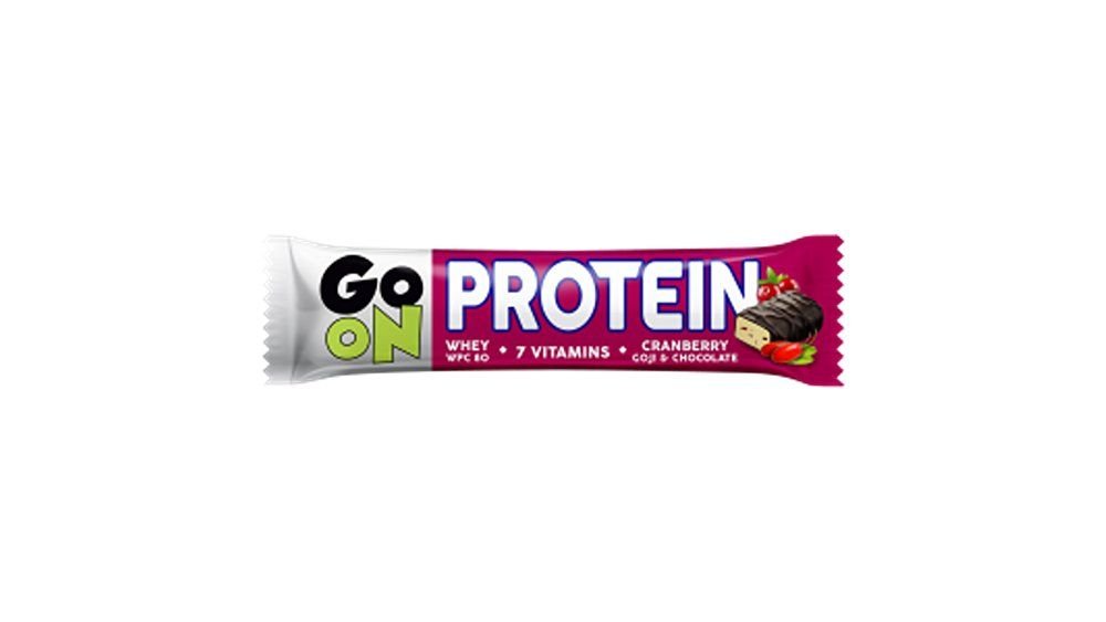 GoOn proteiinibatoon šokolaadi kattega 50g jõhvika, goji, vitamiinidega