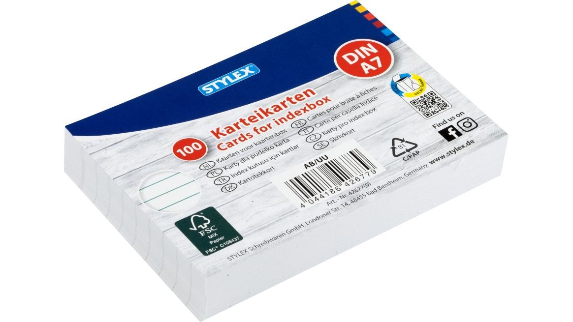 Karteikarten, DIN A7, liniert, 100 Stück, FSC (42677), | Schule
