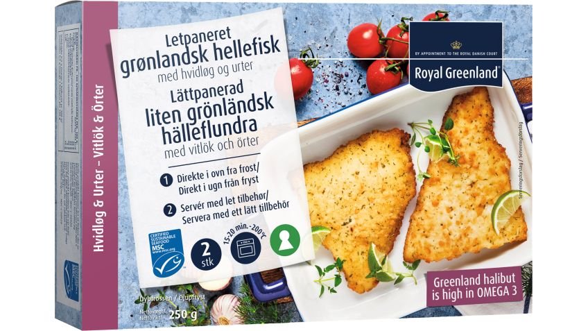 Letpaneret hellefisk med m. hvidløg og urter, MSC 250 g