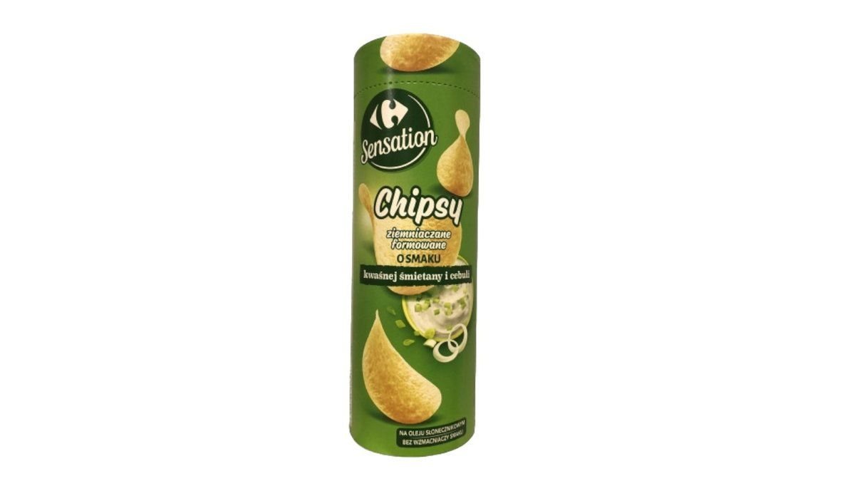 Carefour Sensation Chipsy ziemniaczane tuba o smaku śmietany i cebuli 100 g