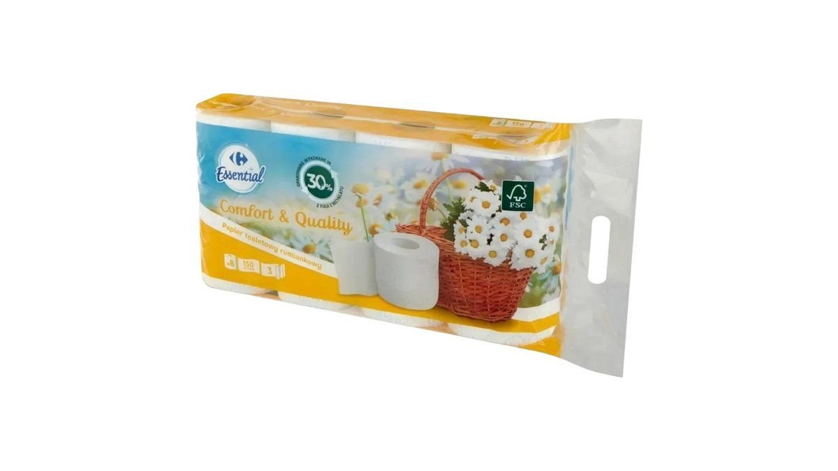 Carrefour Essential Papier toaletowy 3 warstwowy rumiankowy 8 rolek