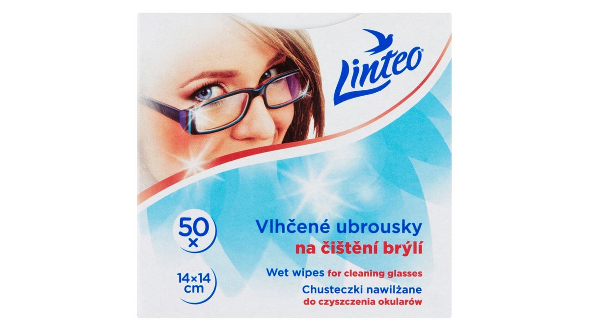 Linteo Chusteczki nawilżane do czyszczenia okularów 14 cm x 14 cm 50 sztuk