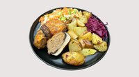 Objednať Pondelok 2: Šampiňony portobello plnené bravčovym a čedarom, opekané zemiaky