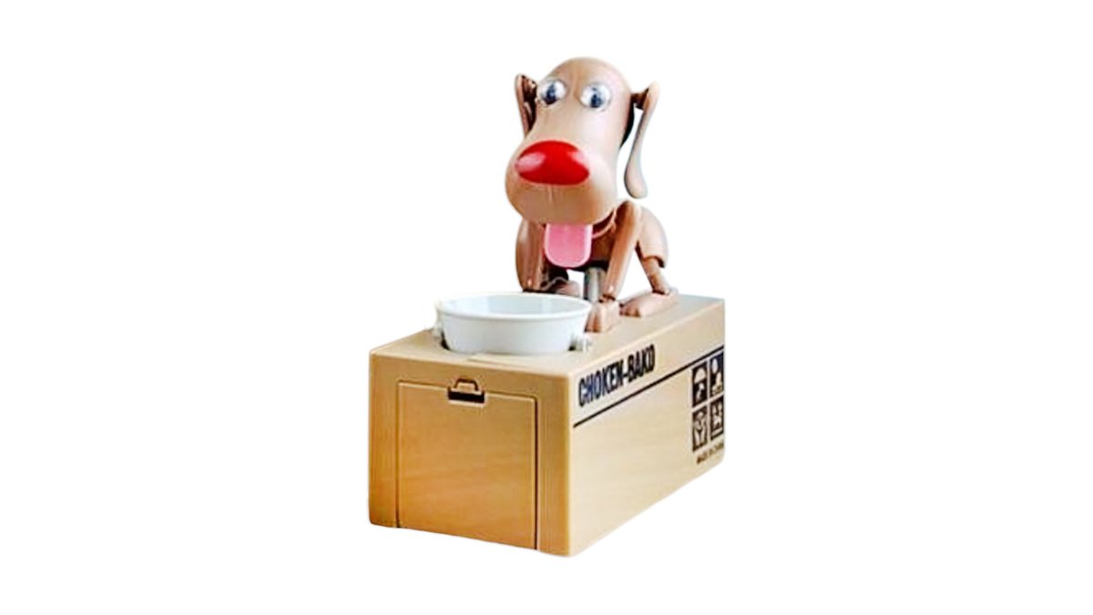 Puppy eating coins PIGGY BANK BROWN