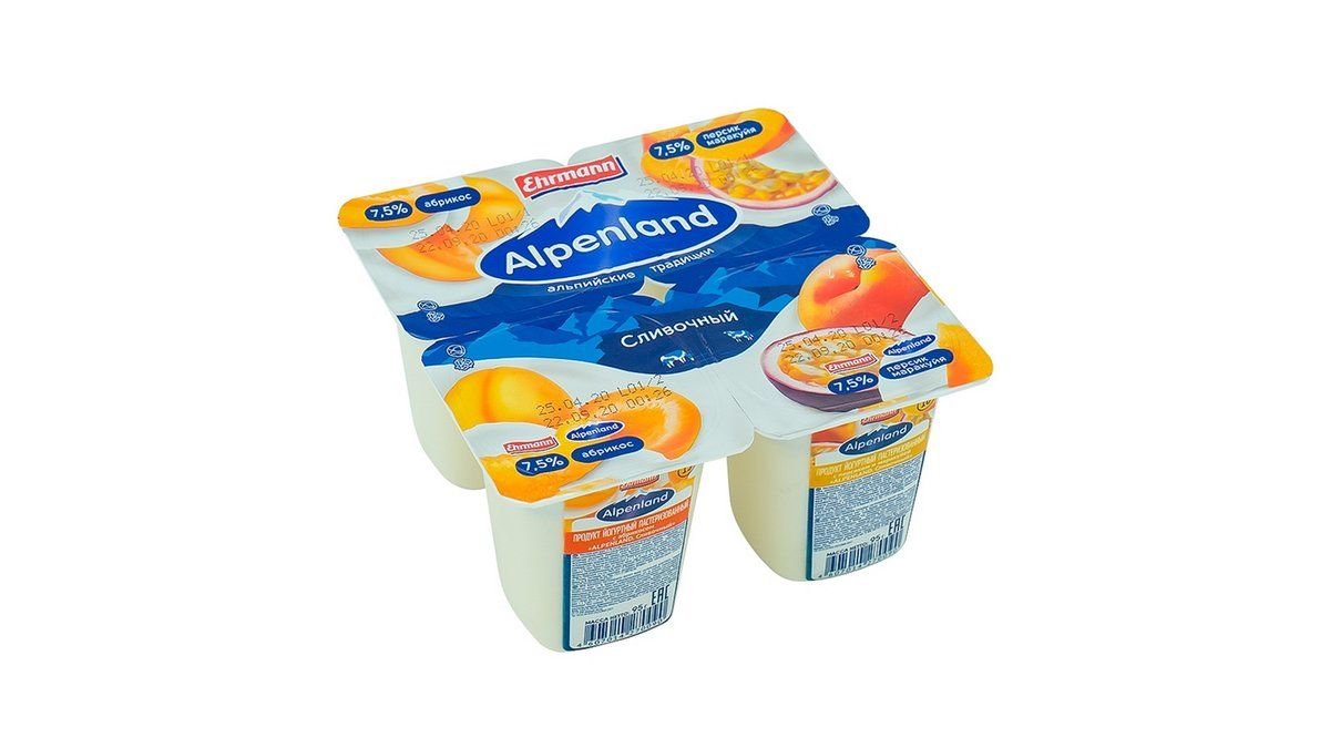 Йогурт Alpenland абрикосовый персик-маракуйя 7,5% 95 г