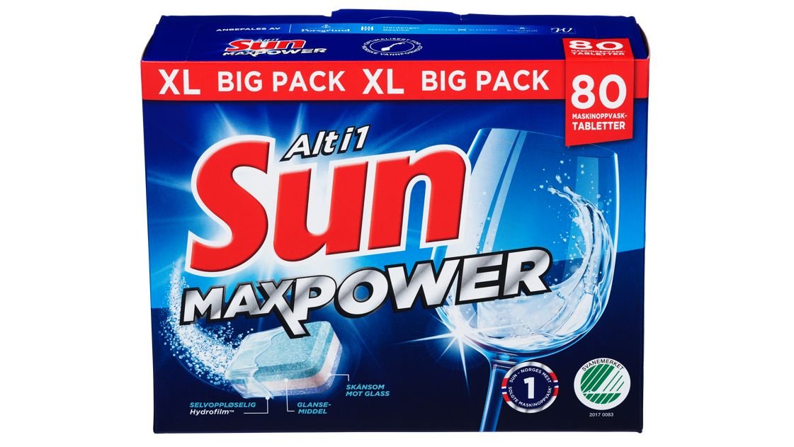 Sun Maskinoppvask Alt I 1 Maxpower Tabletter, 80 stk