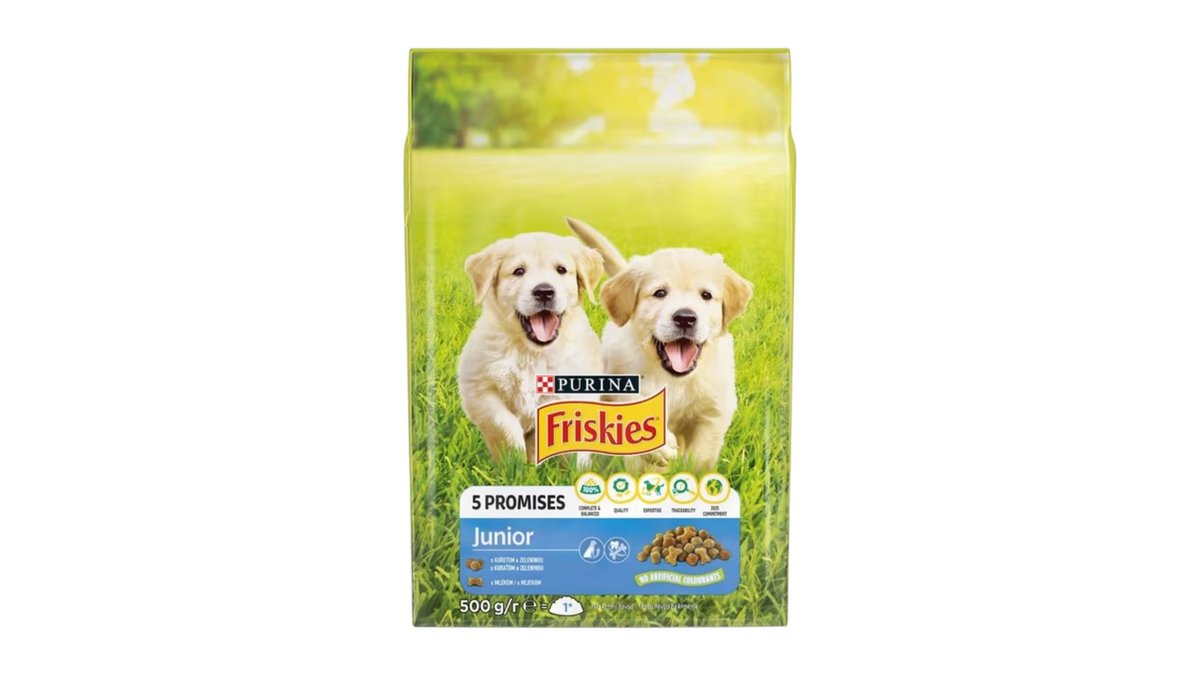 Friskies Junior s kuraťom a zeleninou s mliekom, 500 g