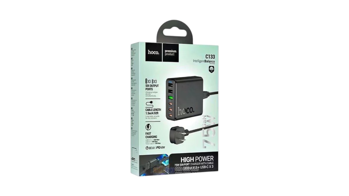 High power 75W six port charger with cable