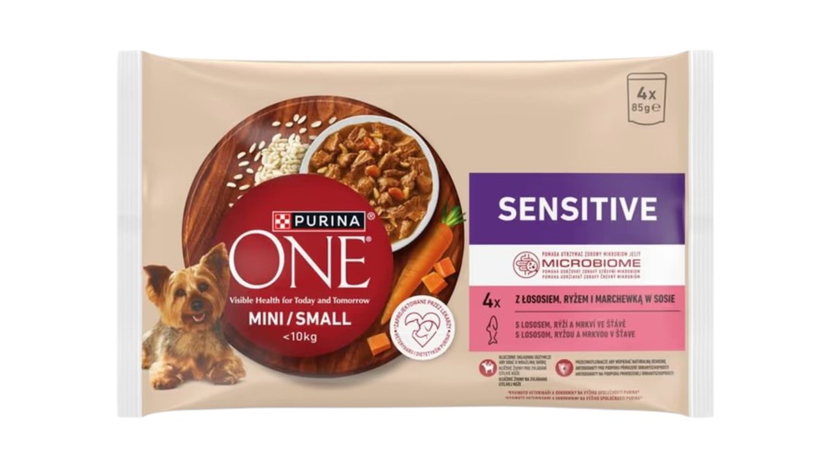 Purina One mini Dog Sensitive s lososom, ryžou a mrkvou v šťave, 4 x 85 g