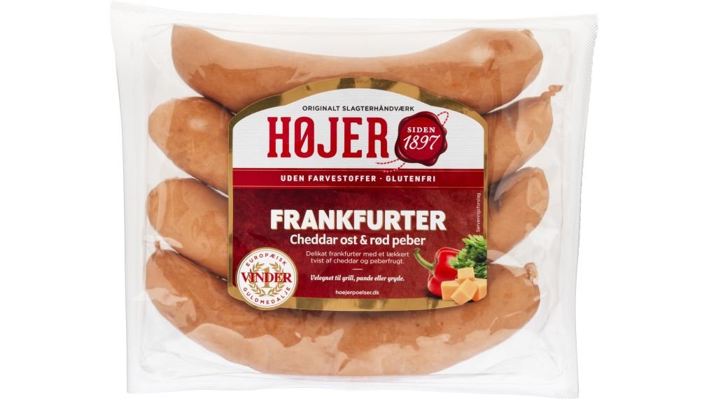 Frankfurter m. cheddar & rød peber, Højer Pølser