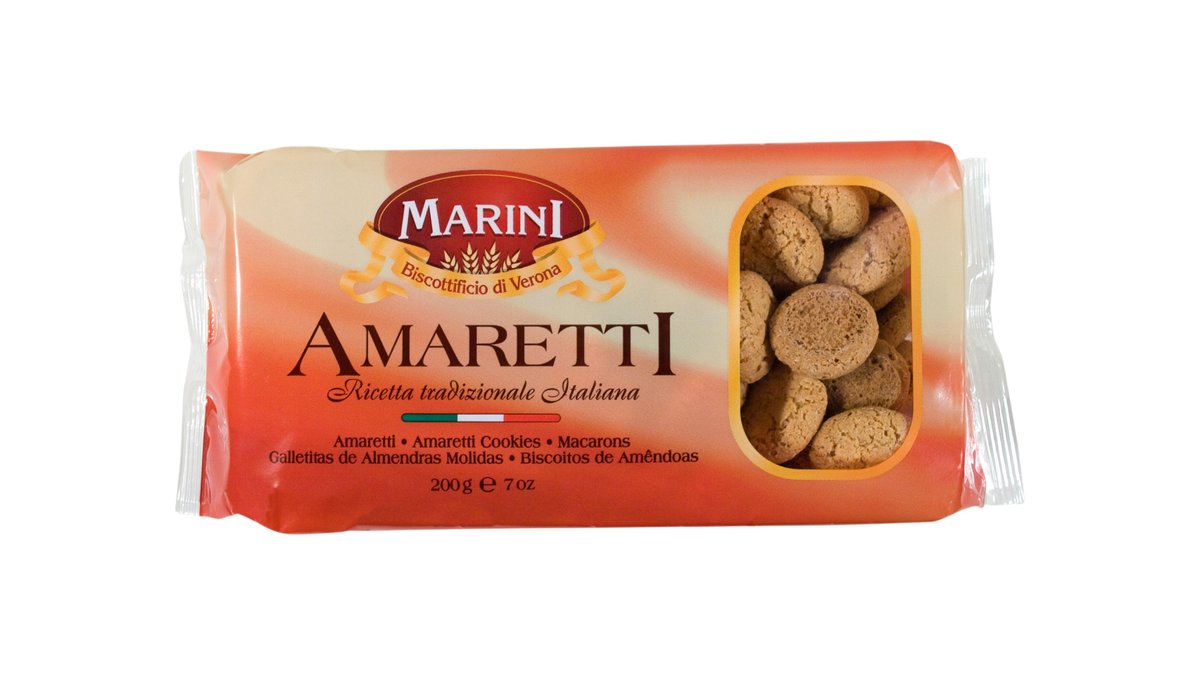 Marini Amaretti ohrúhle piškóty, sladké chrumkavé pečivo s drvenými marhuľovými jadierkami, 200 g