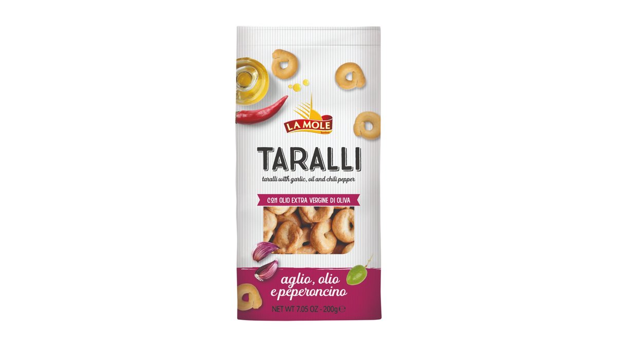 Taralli Aglio, Olio e Peperoncino typické slaný cracker s chilli papričkami, cesnakom a olivovým olejom a bielym vínom z juhu Talianska, 200 g