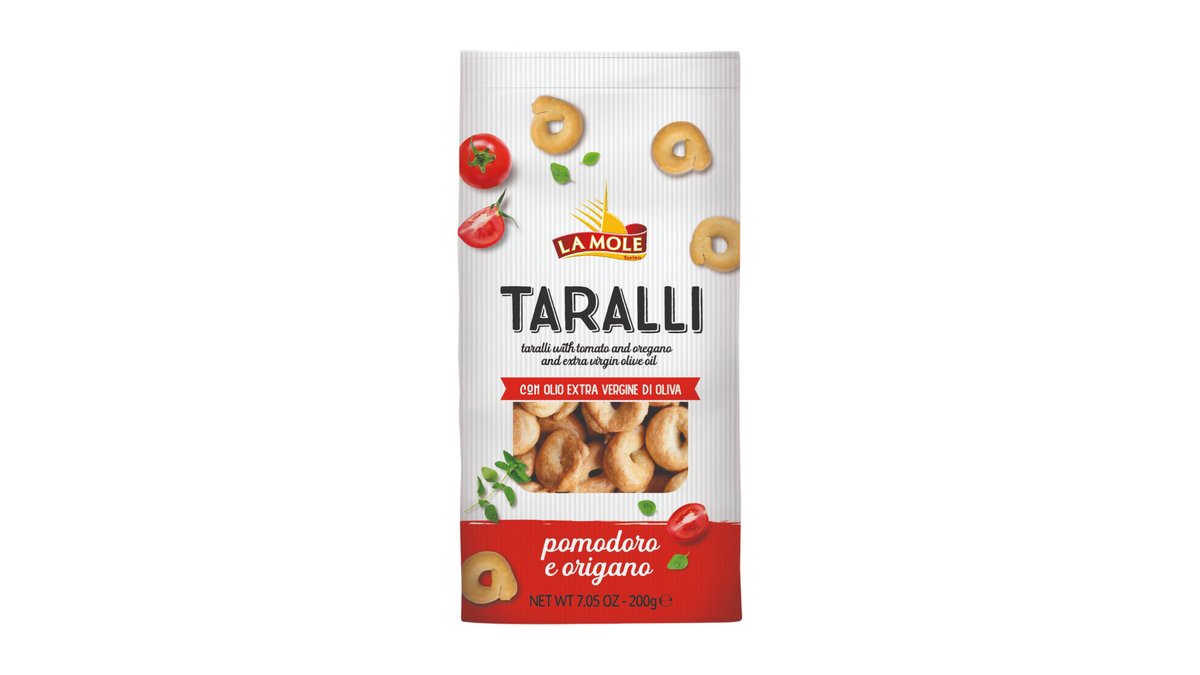 Taralli Pomodoro & Origano All Olio typické slaný cracker s paradajkami, oreganom a olivovým olejom a bielym vínom z juhu Talianska, 200 g