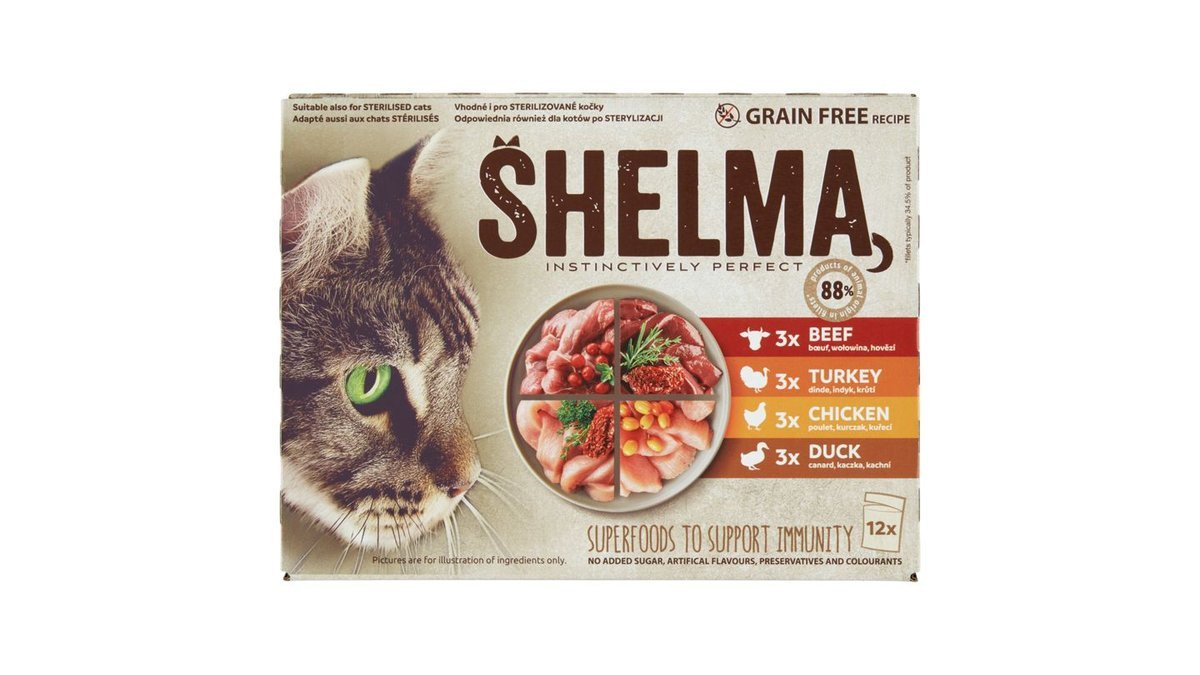 Shelma Kapsička pro kočky 4 druhy masa, 12 x 85 g