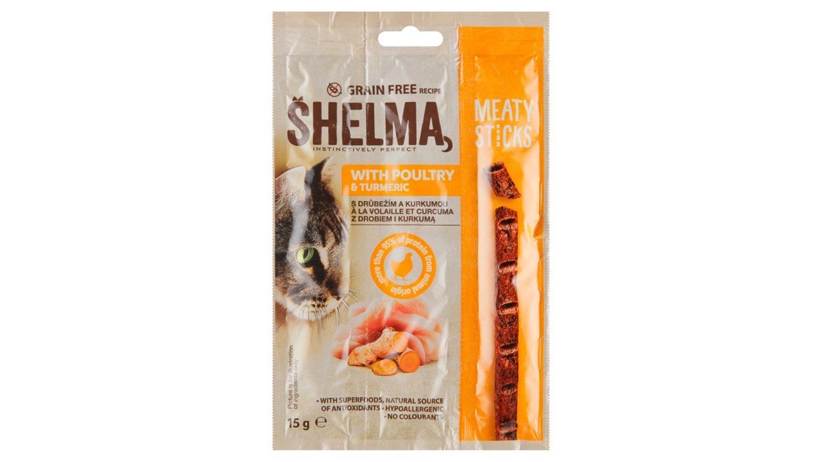 Shelma Bezobilné tyčinky pro kočky s drůbežím a kurkumou, 15 g