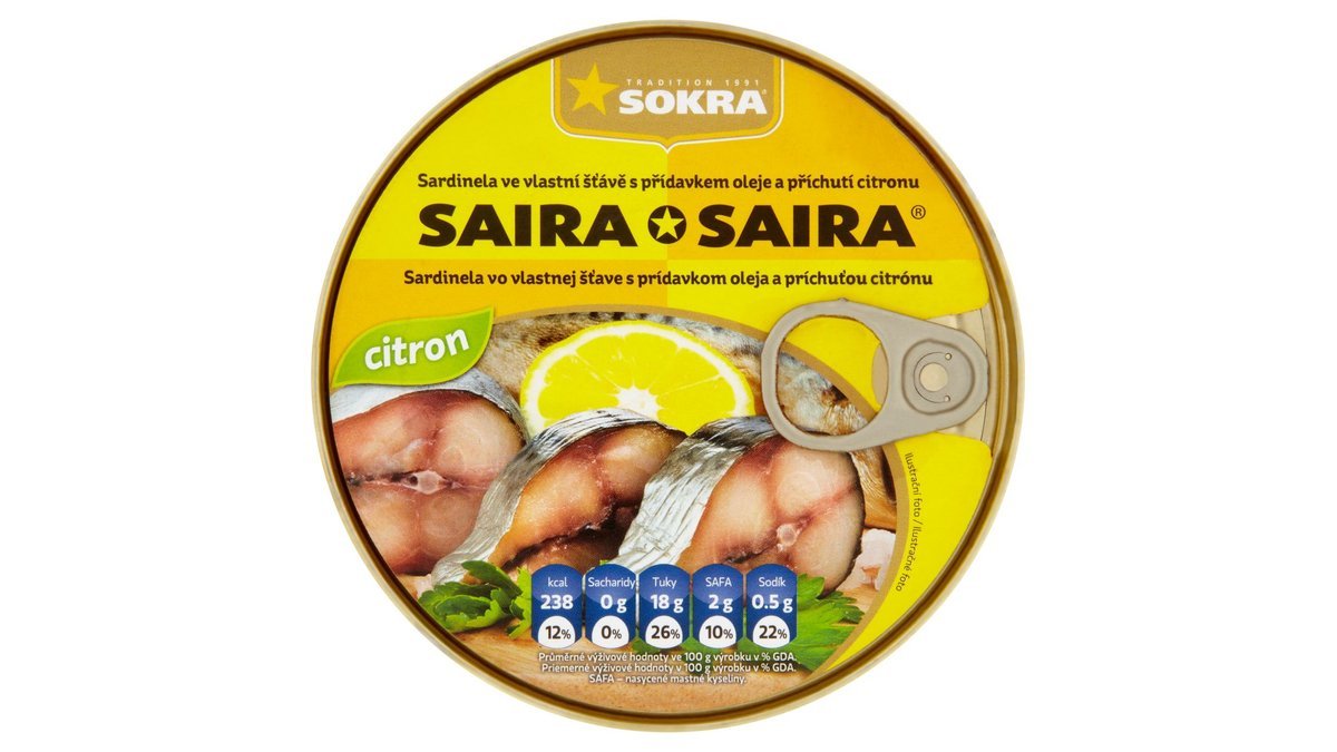 Sokra Saira sardinela ve vlastní šťávě s přídavkem oleje a příchutí citronu 240g