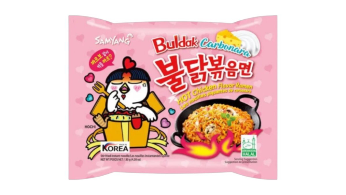 Hot Ramennudler m. carbonara & kyllingesmag, Buldak Samyang