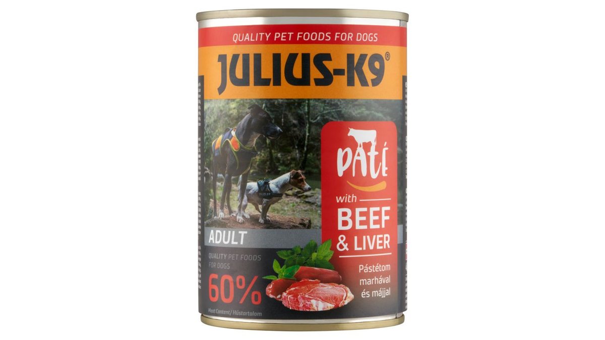 Hungary product data sample: Julius-K9 teljesértékű eledel felnőtt kutyák számára pástétom marhával és májjal 400 g