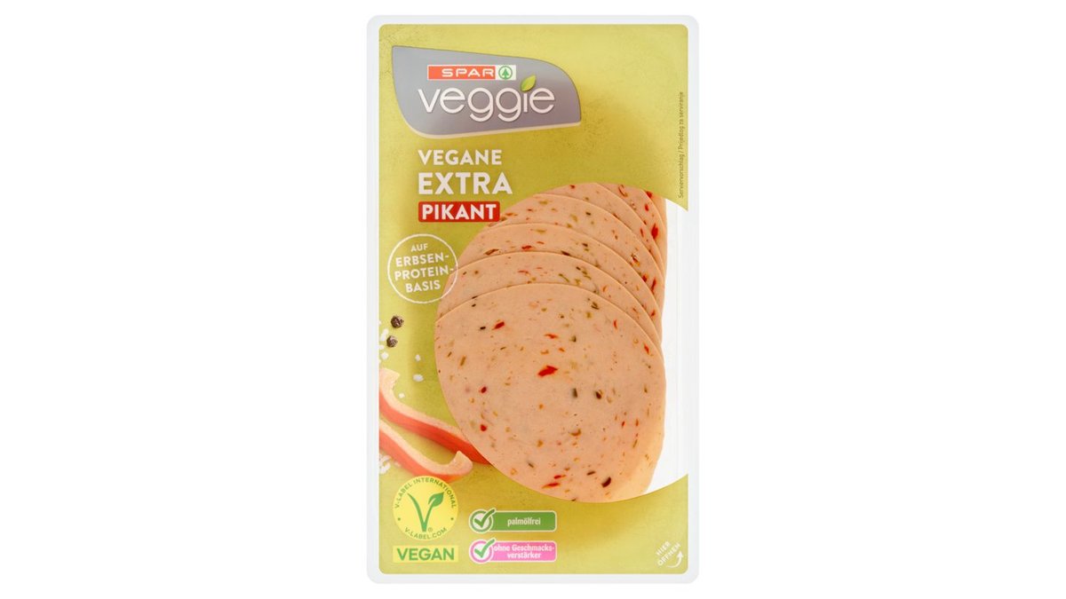 Hungary product data sample: SPAR Veggie vegán fűszeres zöldborsófehérje alapú húsmentes termék cukorral és édesítőszerrel 80 g