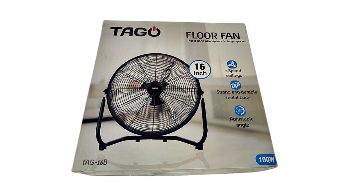 מאוורר רצפה תעשייתי TAGO ✨ | עוצמה 100W | קוטר "16 | גוף מתכת חזק ועמיד | דגם TAG-16B | טמבוריית שפירא