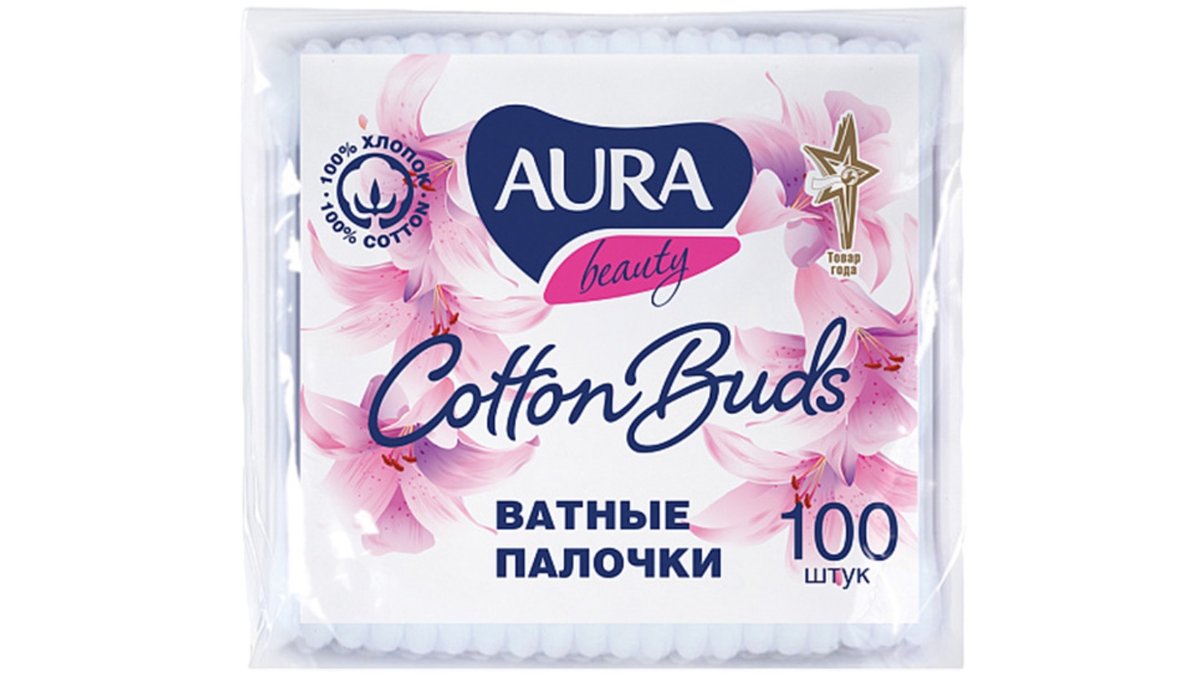 Aura палочки ватные полиэтиленовый пакет 100 шт