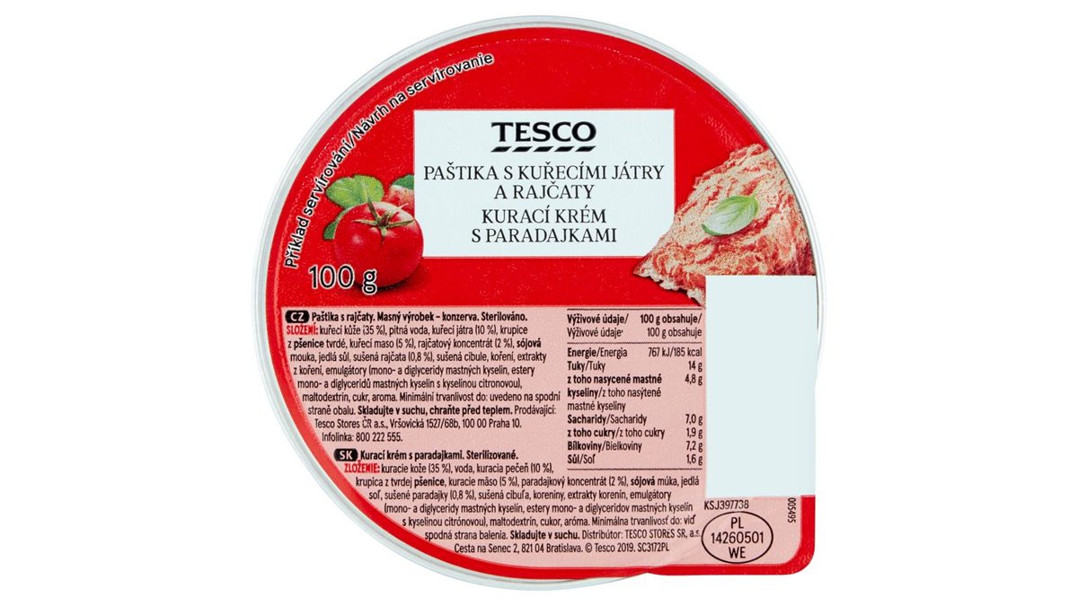 Tesco Paštika s kuřecími játry a rajčaty 100g