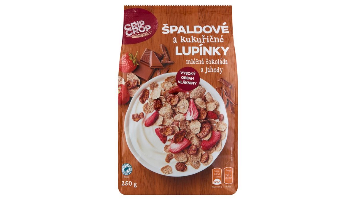 Crip Crop Špaldové a kukuřičné lupínky mléčná čokoláda a jahody 250g