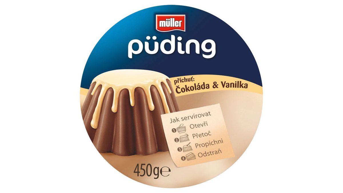 Müller Pudink s čokoládovou příchutí a s vanilkovou příchutí 450g
