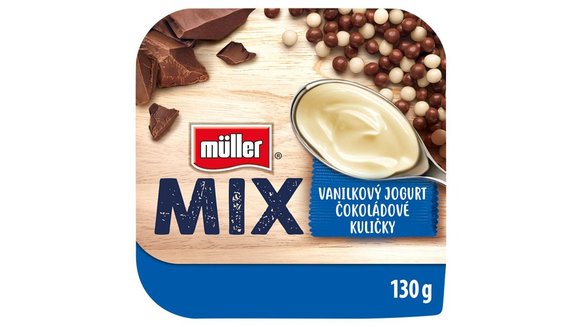 Müller Mix Jogurt s vanilkovou příchutí a cereální kuličky polité čokoládou 130g