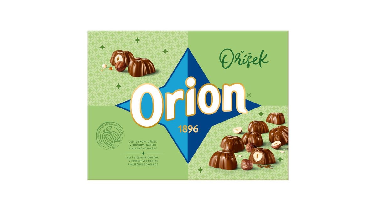 ORION Oříšek pralinky s celým lískovým oříškem v lískooříškové náplni a mléčné čokoládě 147g