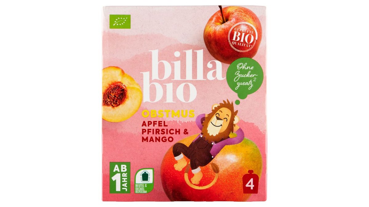 BILLA BIO Ovocné pyré jablko, broskev, mango 4 x 90g (360g)