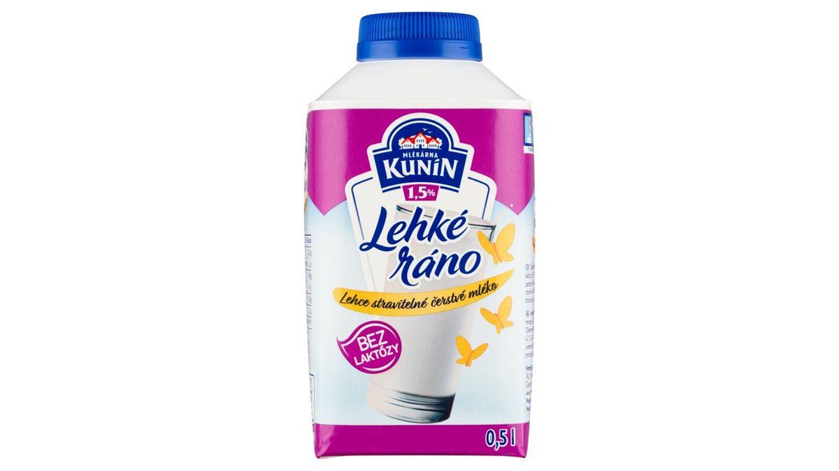 Mlékárna Kunín Lehké ráno lehce stravitelné čerstvé mléko bez laktózy 1,5% 0,5l