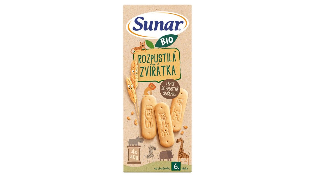 Sunar Bio rozpustilá zvířátka, sušenky s vanilkovou příchutí 4 x 40g (160g)