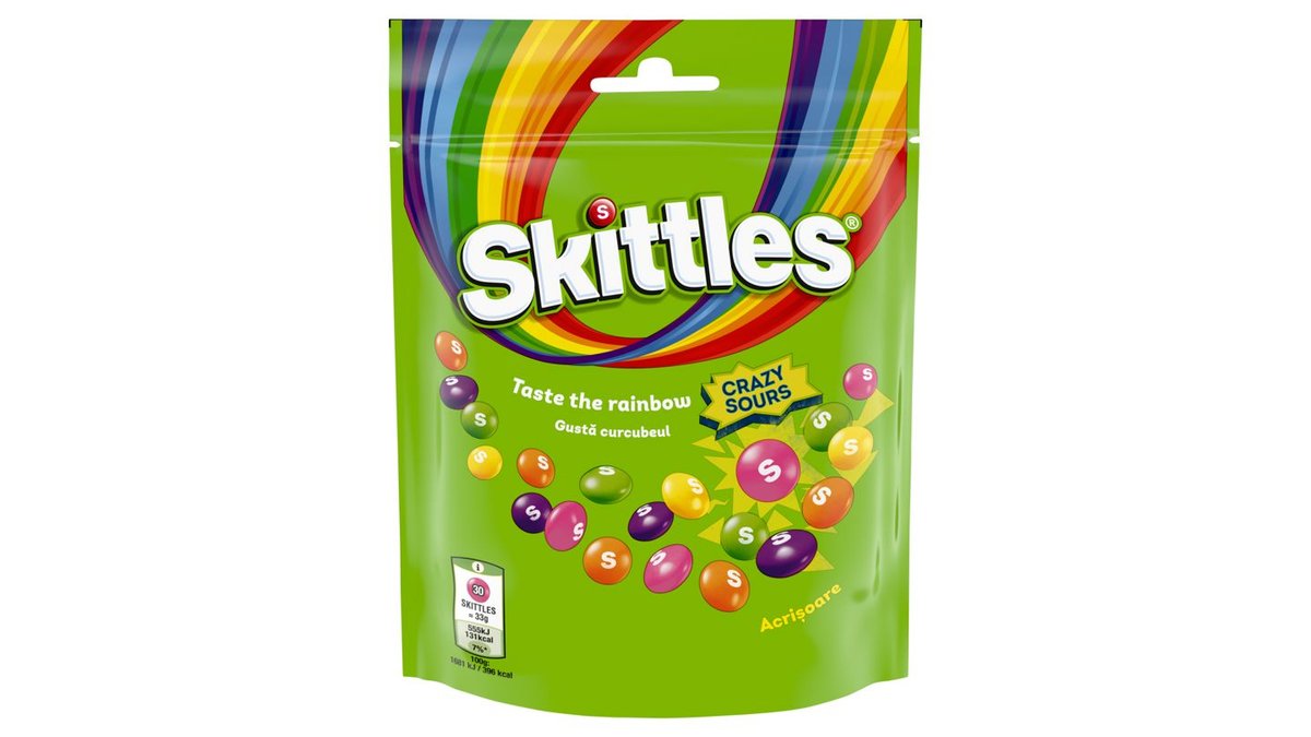 Skittles Sours žvýkací bonbóny v křupavé cukrové krustě s kyselými ovocnými příchutěmi 152g