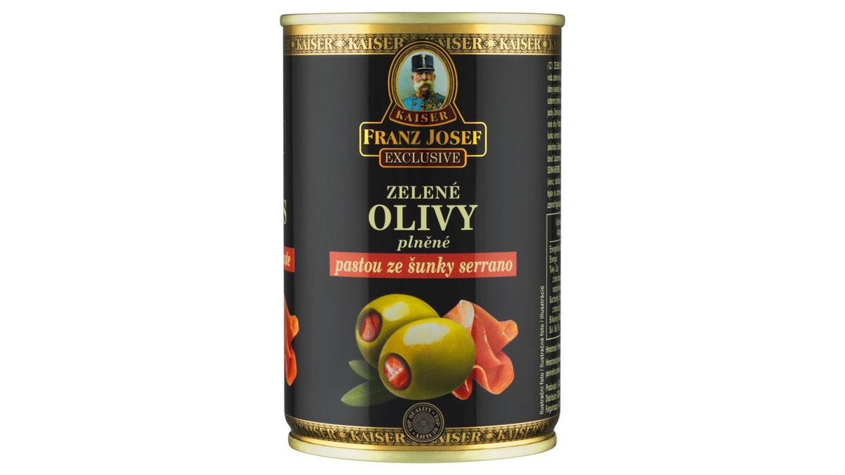 Franz Josef Kaiser Exclusive Zelené olivy plněné pastou ze šunky serrano 300g