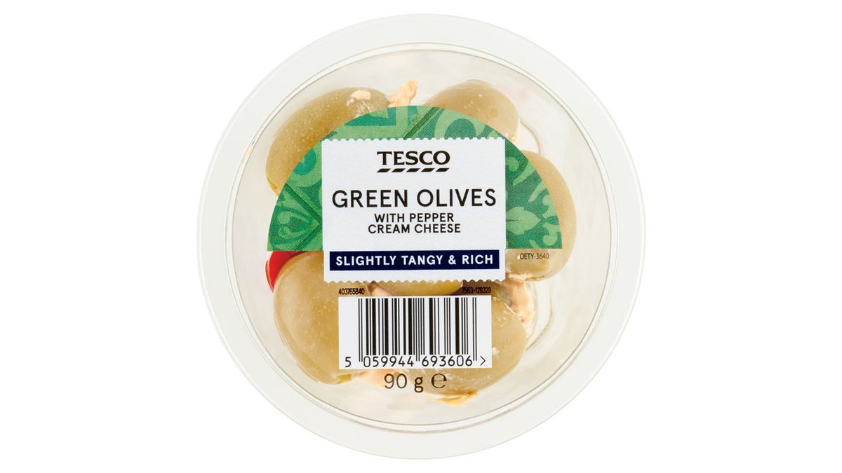 Tesco Marinované zelené vykôstkované olivy plnené čerstvým syrom s paprikovou pastou 90 g