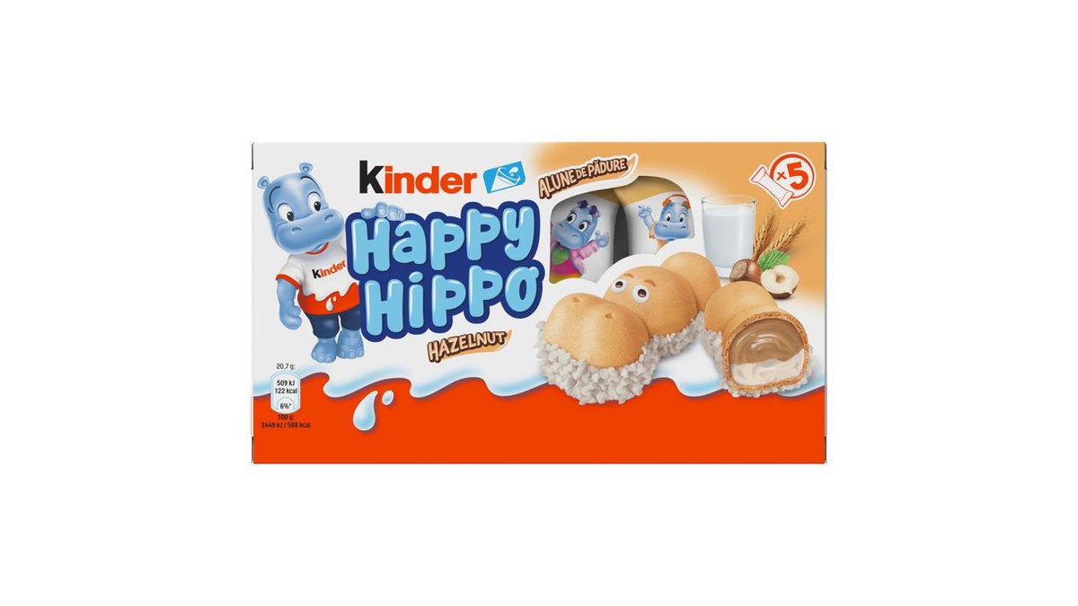 Kinder Happy Hippo Hazelnut oplatka s mléčnou a lískoořechovou náplní 5 ks 103,5g