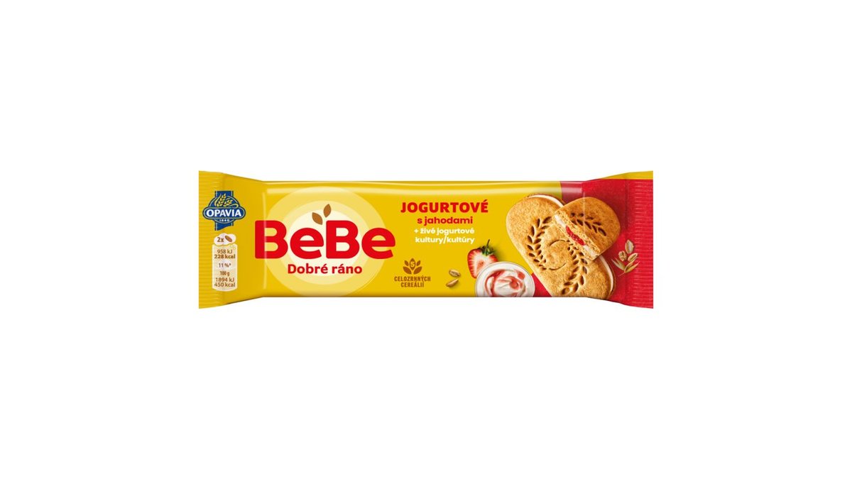 Opavia BeBe Dobré ráno s jogurtem a jahodami sušenky s 5 celozrnnými cereáliemi balení 50.6 g