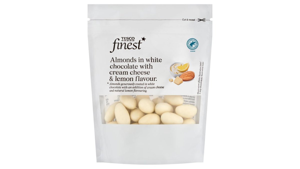 Tesco Finest Mandle jadrá v bielej čokoláde s príchuťou smotanového syra a citrónu 150 g