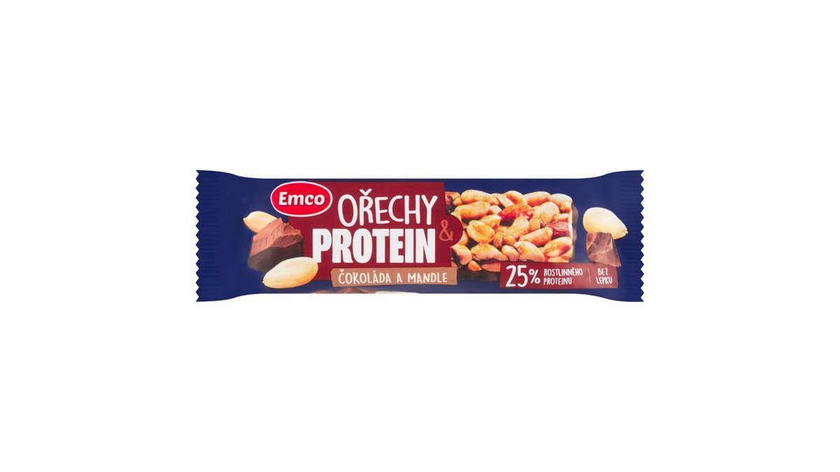Emco Arašidová tyčinka so sójovým proteínom, čokoládou a mandľami polomáčaná v horkej čokoláde 40 g