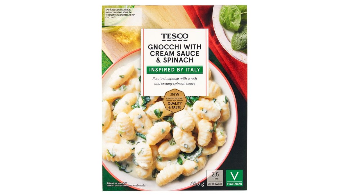 Tesco Zemiakové halušky varené v pare so smotanovou omáčkou a špenátom 400 g