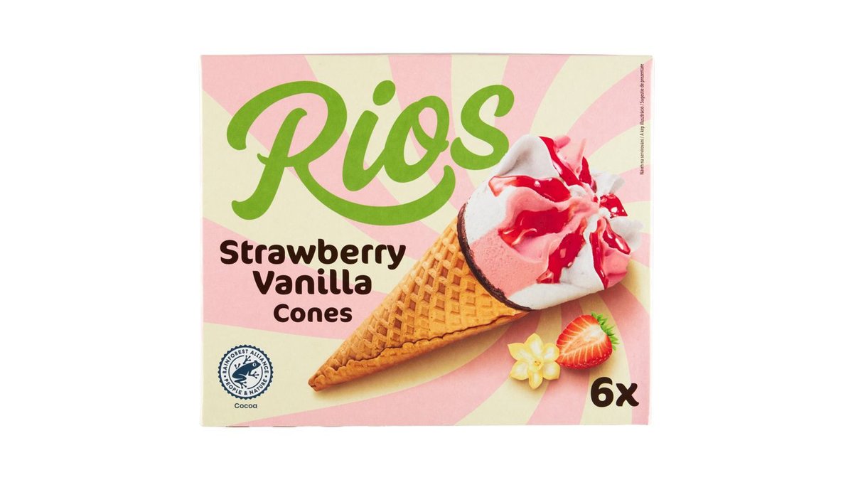 Rios Mražený krém s příchutí bourbon vanilky a jahodový mražený krém v kornoutu 6 x 120ml (720ml)