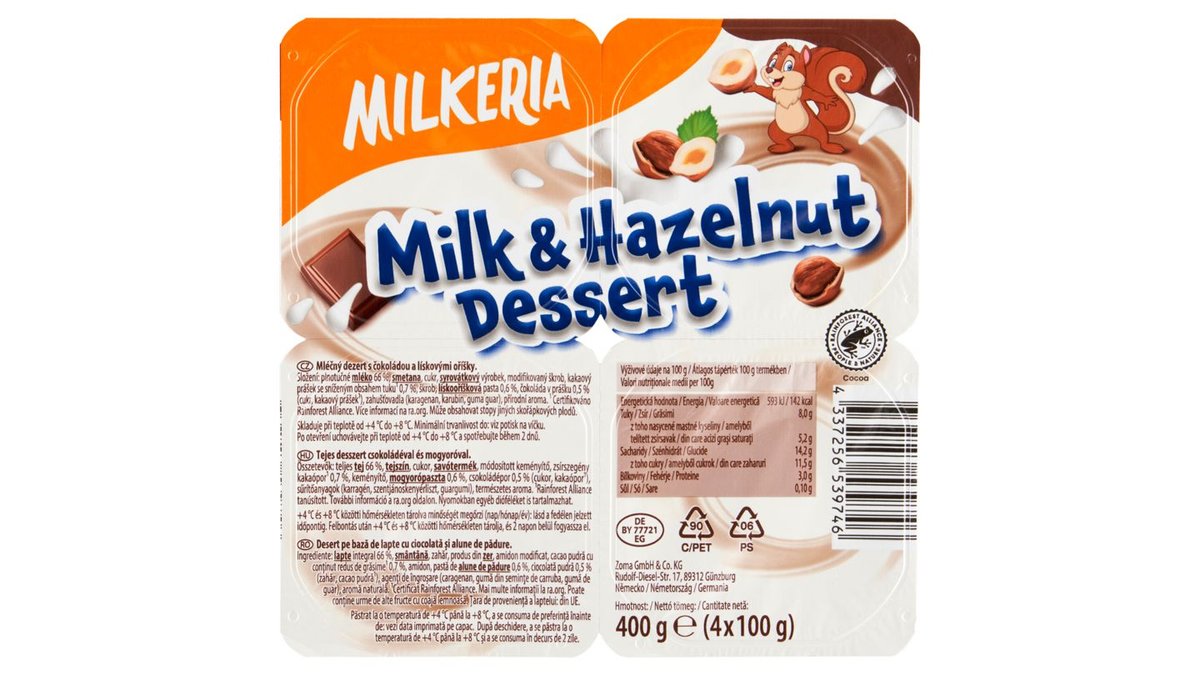 Milkeria Mléčný dezert s čokoládou a lískovými oříšky 4 x 100g (400g)