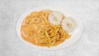 Objednať Kurací stroganov, ryža/hranolky