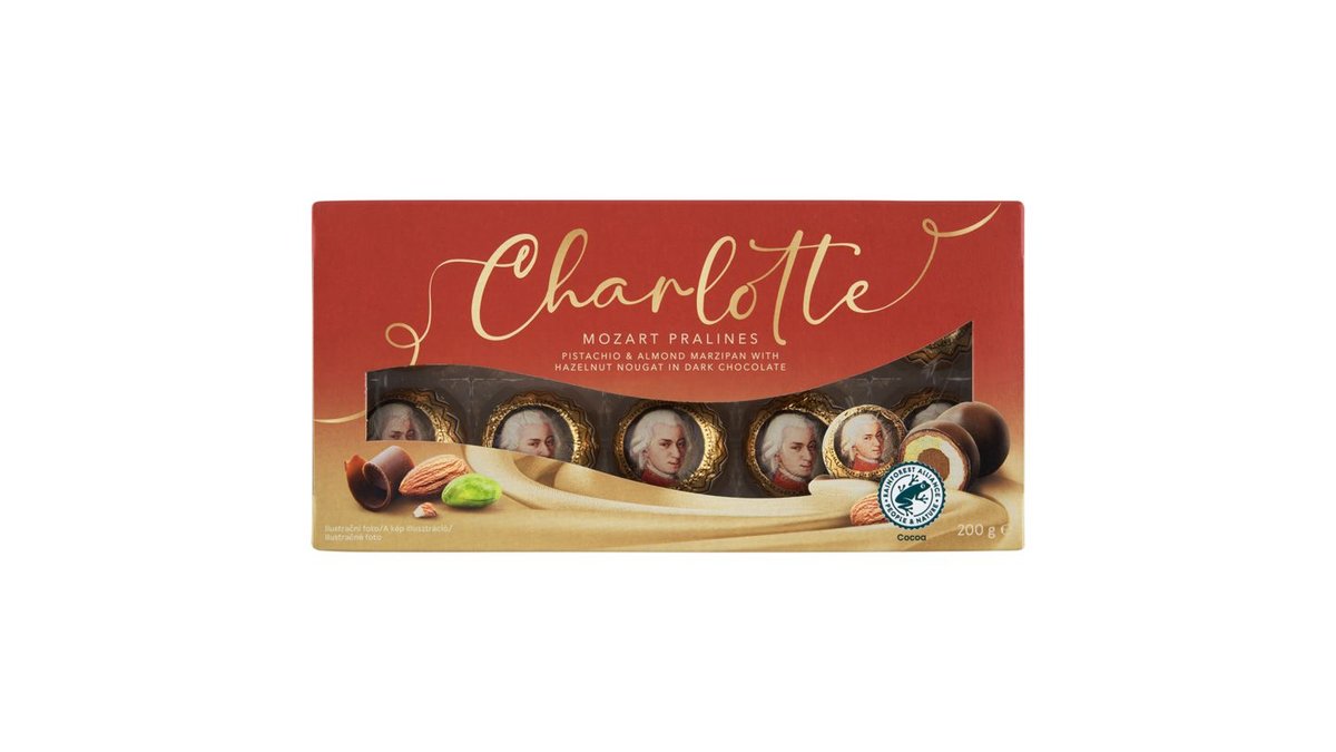 Charlotte Mozart Pralines pralinky v horkej a mliečnej čokoláde, s lieskovoorieškovým nugátom 200 g