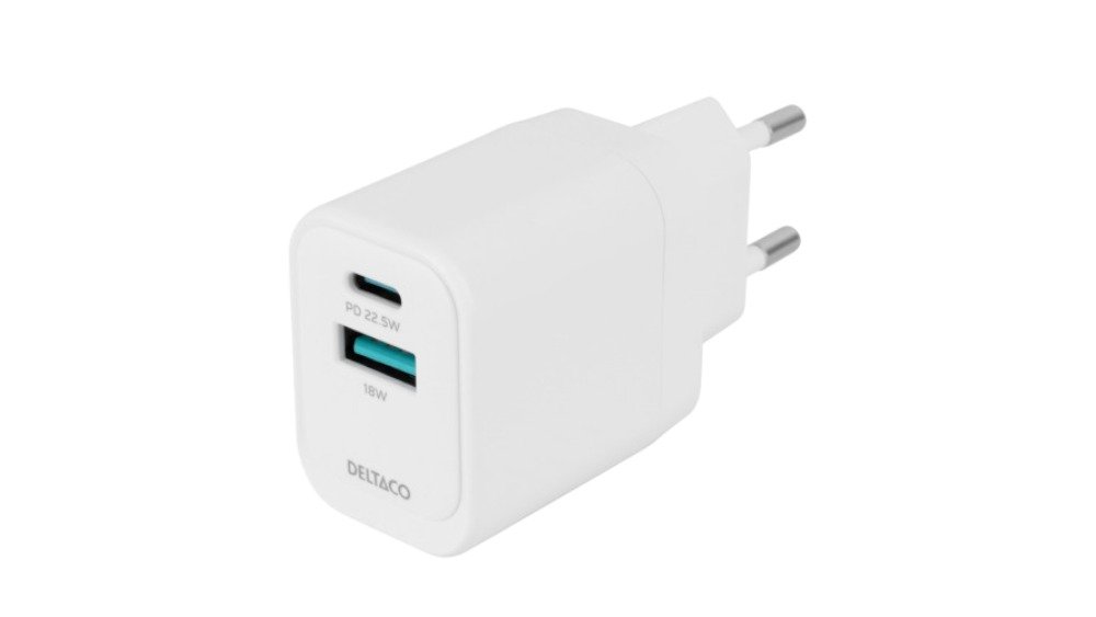 Deltaco USB-virtalähde USB-A 18W + USB-C 20W, valkoinen
