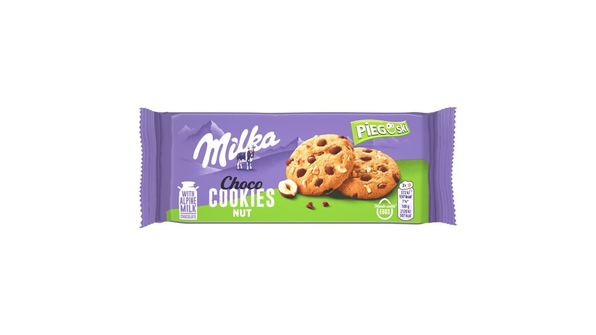 Milka Pieguski Choco Cookies Nut Ciasteczka z kawałkami czekolady mlecznej i orzechami 135 g